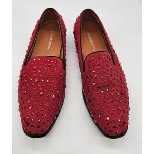 Elanroman Mens Red Velvet Rhinestone Studded Loafers Dress Shoes Size 41 EU